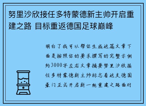 努里沙欣接任多特蒙德新主帅开启重建之路 目标重返德国足球巅峰