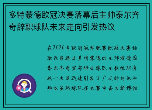 多特蒙德欧冠决赛落幕后主帅泰尔齐奇辞职球队未来走向引发热议